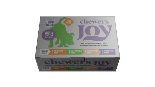 Chewer's Joy Variety Pack Dinner for Dogs - Pate, 12 - 3oz/85grms cans, Total Net WT 36oz/1.02kg (3 cans of each: Chicken & Beef, Beef & Vegetables, Chicken & Salmon, Chicken & Rice)
