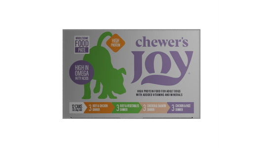 Chewer's Joy Variety Pack Dinner for Dogs - Pate, 12 - 3oz/85grms cans, Total Net WT 36oz/1.02kg (3 cans of each: Chicken & Beef, Beef & Vegetables, Chicken & Salmon, Chicken & Rice)