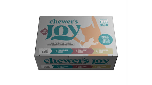 Chewer's Joy Variety Pack Dinner for Cats - Pate, 12 - 3oz/85grms cans, Total Net WT 36oz/1.02kg (4 cans of each: Chicken & Tuna, Tuna & Salmon, Tuna & Turkey)