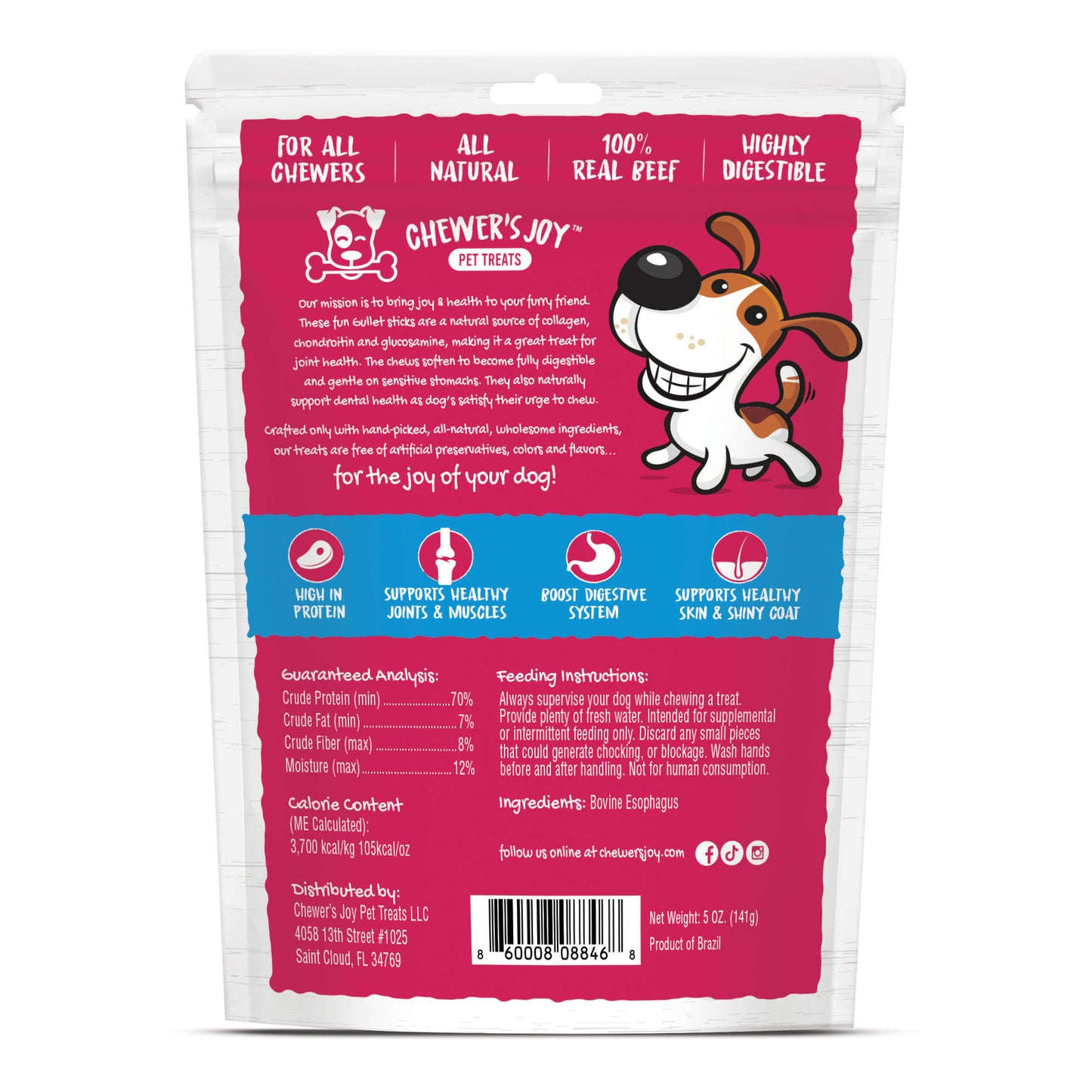 Chewer's Joy  Bite the Gullet, Gullet Sticks  - 5oz, Natural Source of Collagen, Chondroitin, and Glucosamine, a Great Treat for Joint Health. Fully Digestible for Sensitive Stomachs. Supports Dental Hygiene. Boost Digestive System. High in Protein.