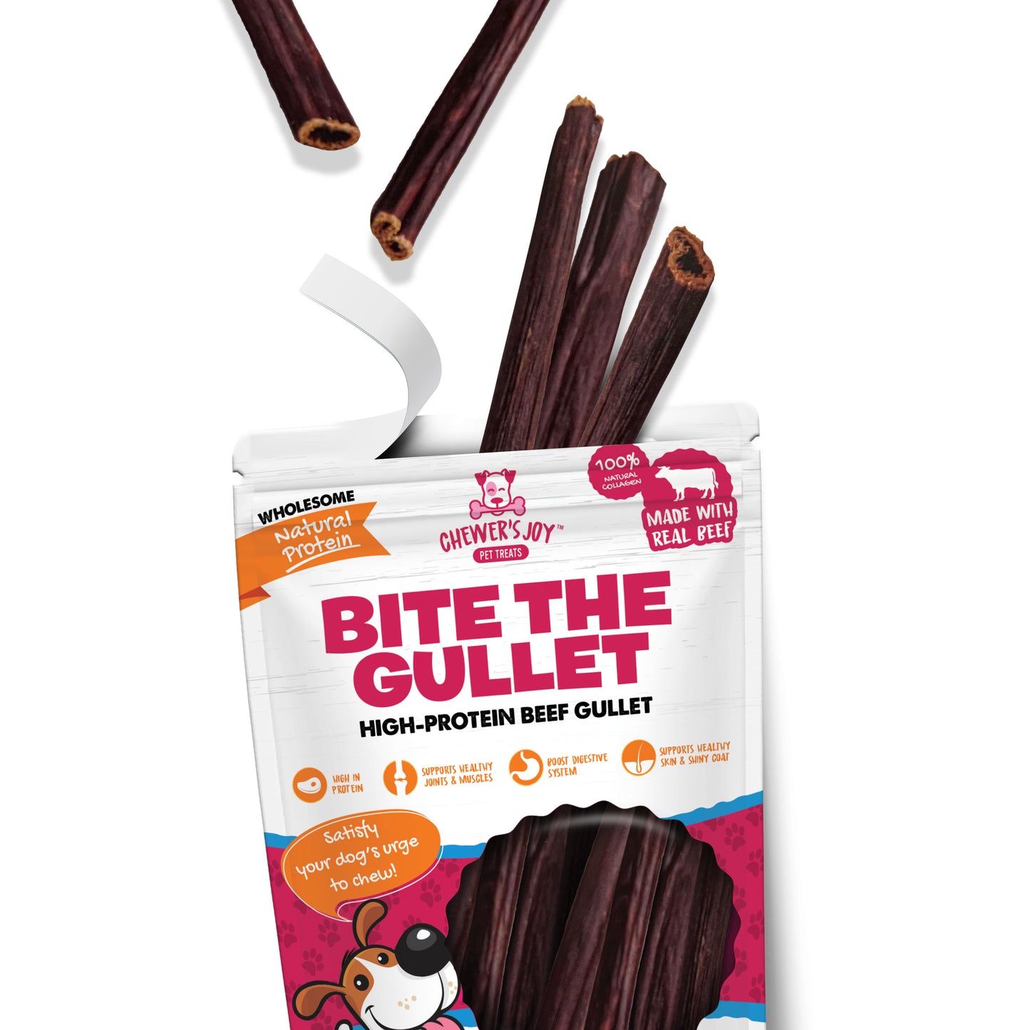 Chewer's Joy  Bite the Gullet, Gullet Sticks  - 5oz, Natural Source of Collagen, Chondroitin, and Glucosamine, a Great Treat for Joint Health. Fully Digestible for Sensitive Stomachs. Supports Dental Hygiene. Boost Digestive System. High in Protein.