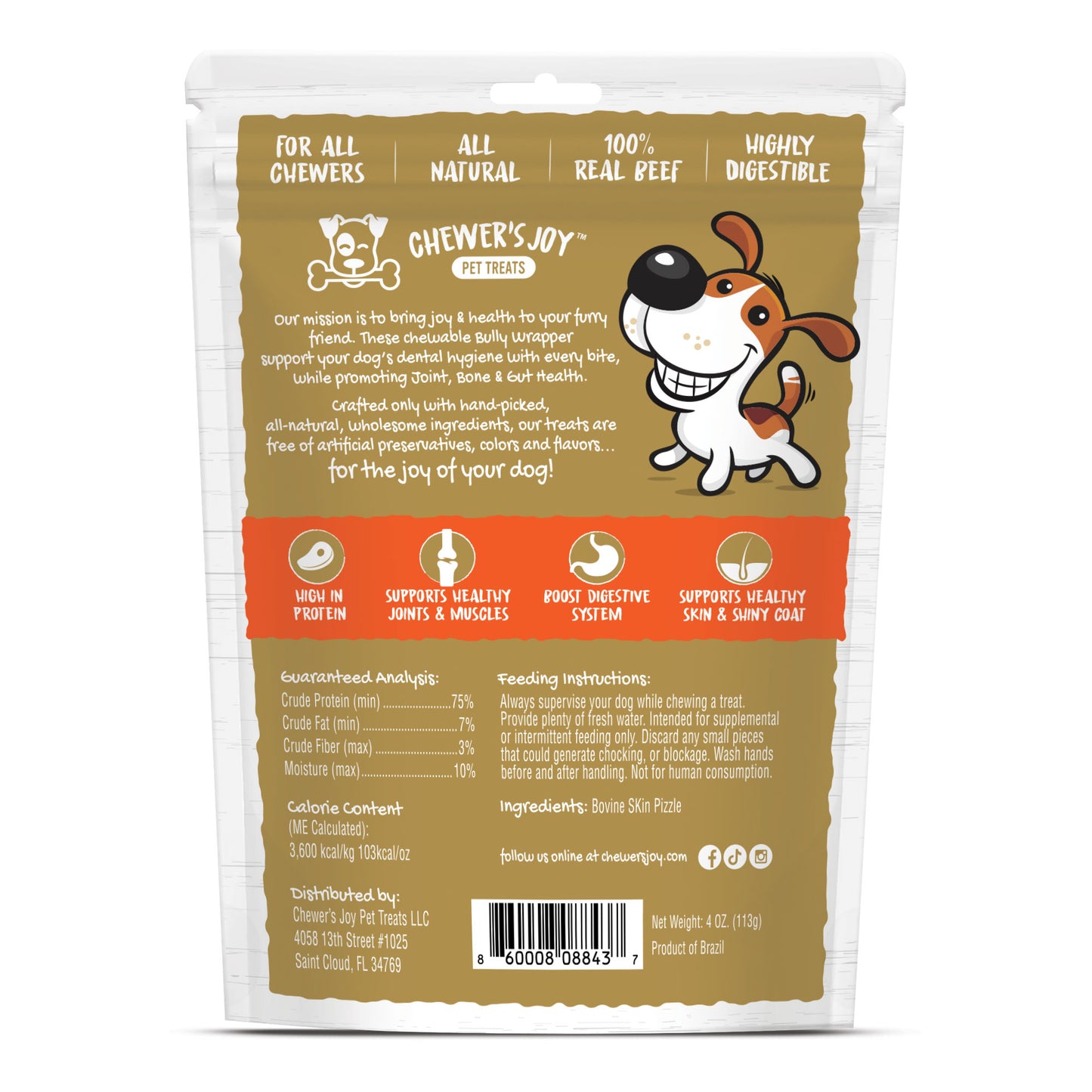 Chewer's Joy  Bully Wrapper, Bully Skin Sticks - 4oz, High in Protein, Promotes Healthy Joints, Bones, Boost Digestive System, Supports Healthy Skin and Shiny Coat..