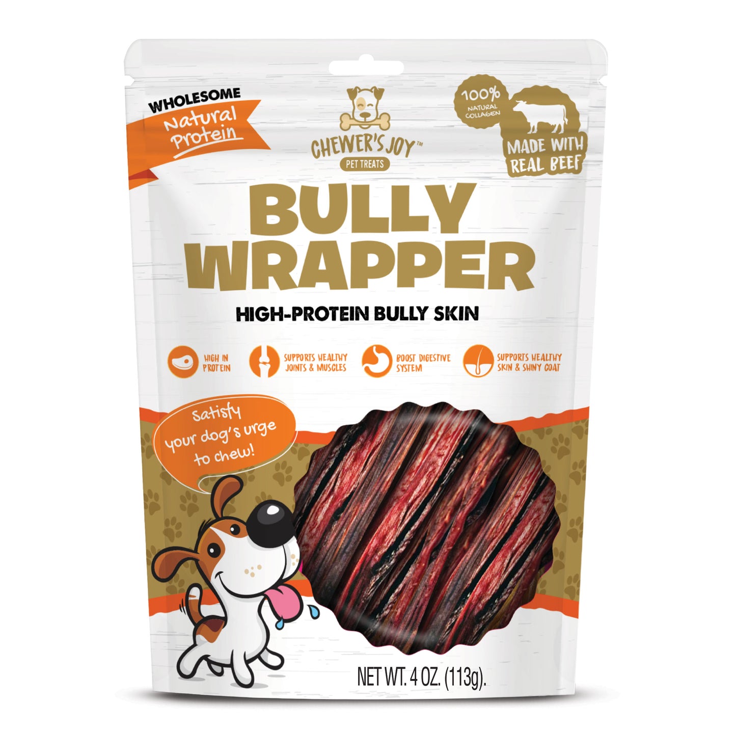 Chewer's Joy  Bully Wrapper, Bully Skin Sticks - 4oz, High in Protein, Promotes Healthy Joints, Bones, Boost Digestive System, Supports Healthy Skin and Shiny Coat..