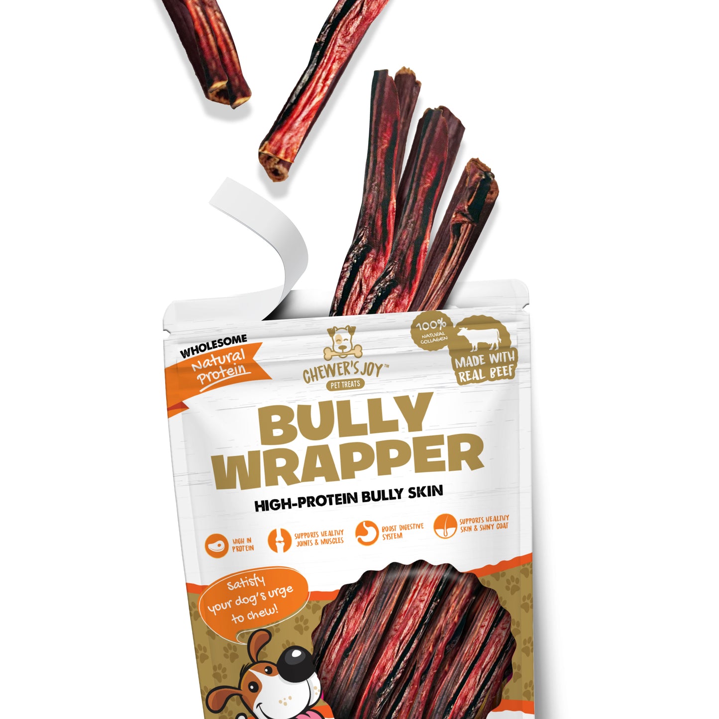 Chewer's Joy  Bully Wrapper, Bully Skin Sticks Dog Treats- 4oz, High in Protein, Promotes Healthy Joints, Bones, Boost Digestive System, Supports Healthy Skin and Shiny Coat..