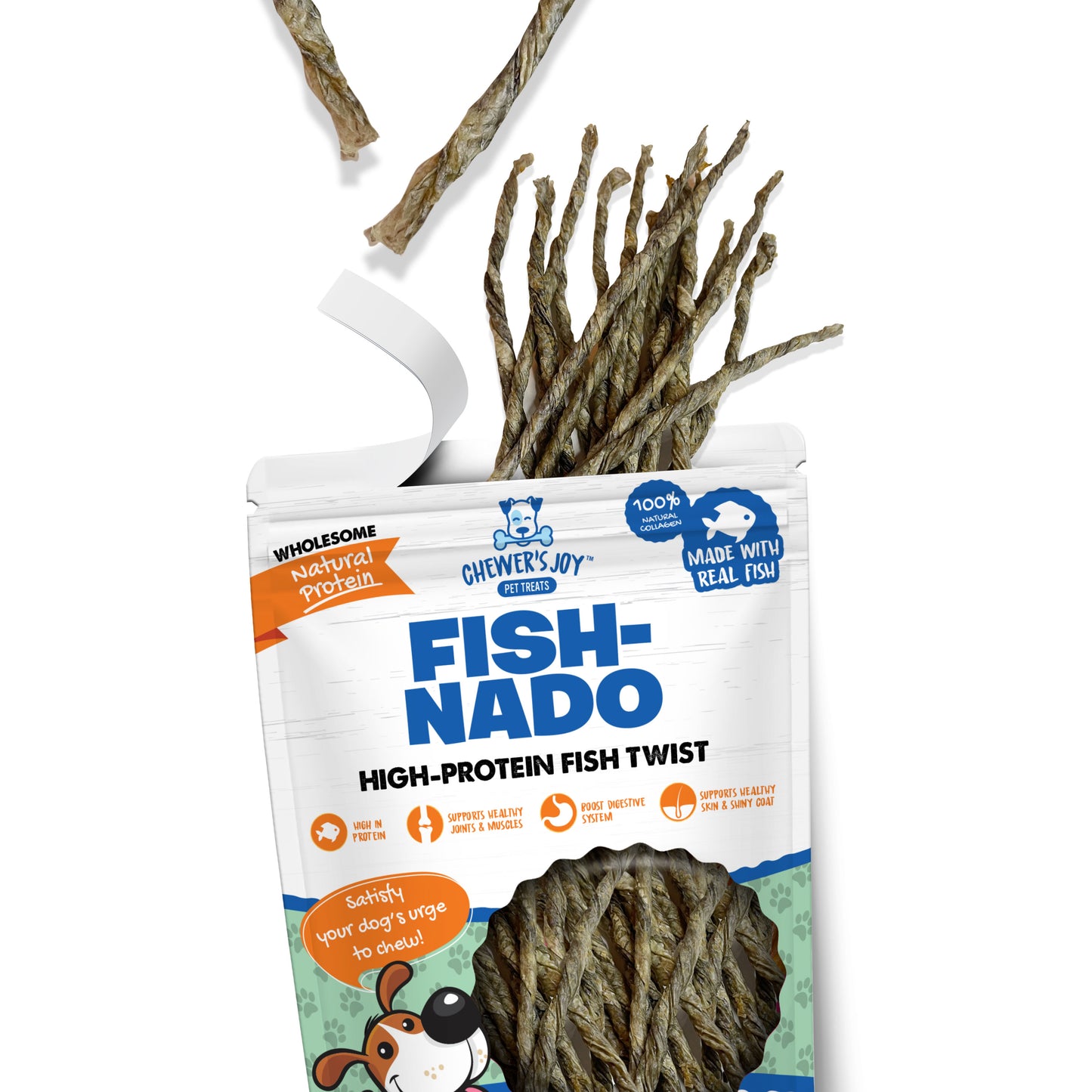 Chewer's Joy Fish-Nado, Fish Skin Twist -  3oz Dog Treats, Excellent Source of Omega Fatty Acids and Collagen to Help Support Joints, Eye, Heart, and Brain Functions. Promotes a Healthy Skin and Shiny Coat. High in Protein.