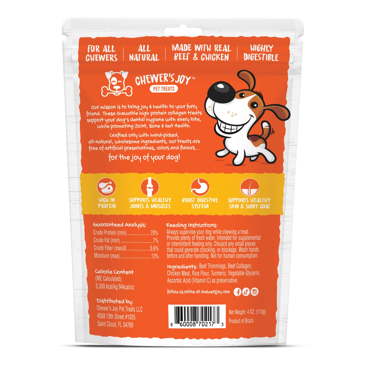 Chewer's Joy Roll'a Joint dog treats with collagen, turmeric, real beef and chicken meat, vitamin c guaranteed analysis