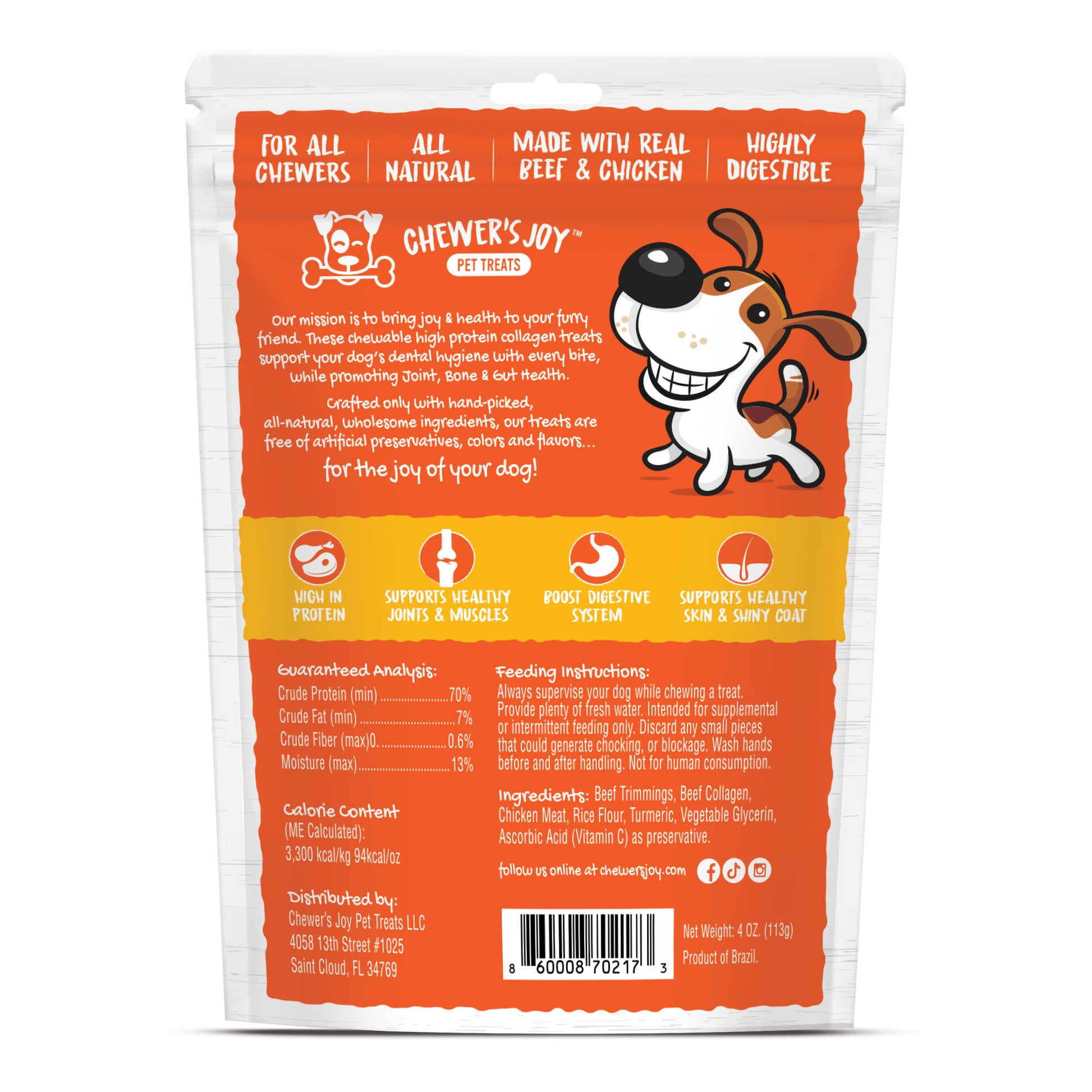 Chewer's Joy Roll'a Joint dog treats with collagen, turmeric, real beef and chicken meat, vitamin c guaranteed analysis