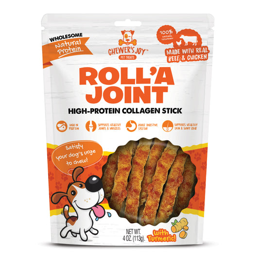 Chewer's Joy Roll'a Joint dog treats with collagen, turmeric, real beef and chicken meat, vitamin c
