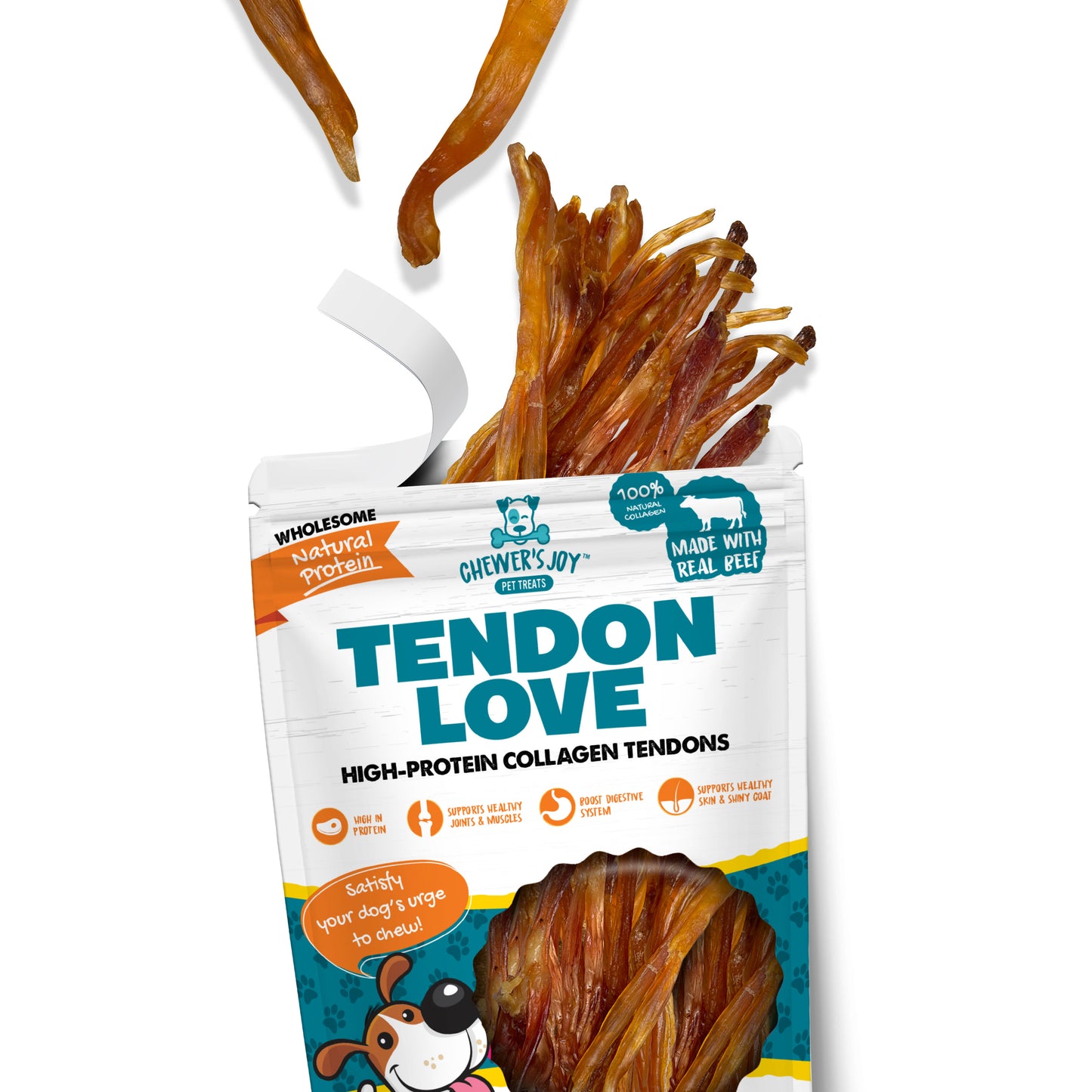 Chewer's Joy Tendon Love, Beef Tendons -  4oz Dog Treats, Naturally Rich in Collagen, Elastin, and Glucosamine, Necessary for Bone & Joint Health. Promotes Dental Hygiene while Satisfying Dog's Urge to Chew.