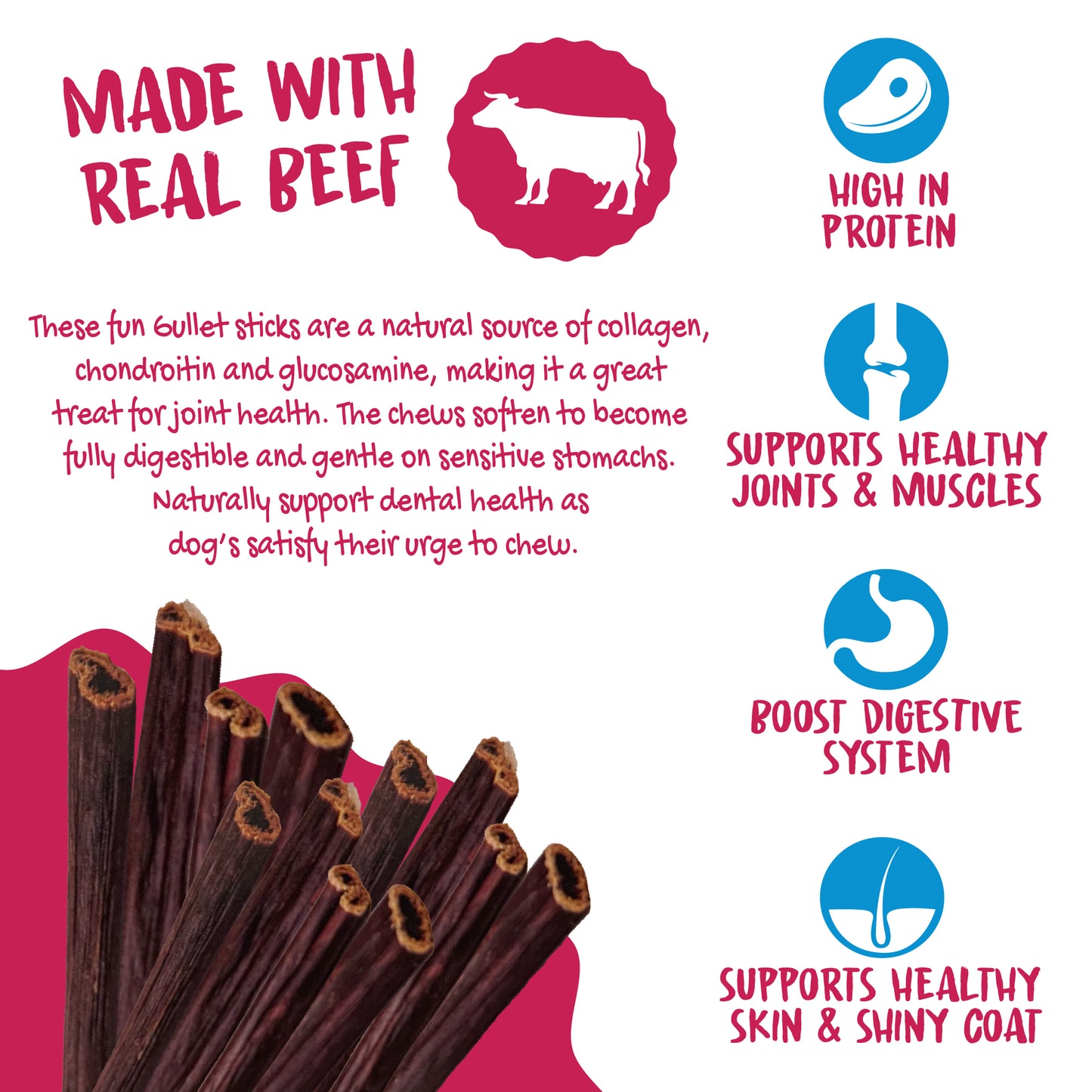 Chewer's Joy  Bite the Gullet, Gullet Sticks  - 5oz, Natural Source of Collagen, Chondroitin, and Glucosamine, a Great Treat for Joint Health. Fully Digestible for Sensitive Stomachs. Supports Dental Hygiene. Boost Digestive System. High in Protein.