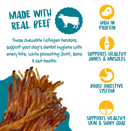 Chewer's Joy Tendon Love, Beef Tendons -  4oz Dog Treats, Naturally Rich in Collagen, Elastin, and Glucosamine, Necessary for Bone & Joint Health. Promotes Dental Hygiene while Satisfying Dog's Urge to Chew.