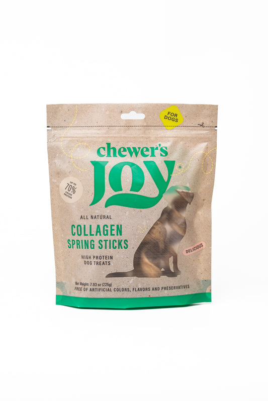 Chewer's Joy Collagen Spring Sticks 15pk 5-6" Dog Treats, High Protein, Supports Strong Joints, Boost Digestion, Promotes Shiny Coats & Dental Hygiene.