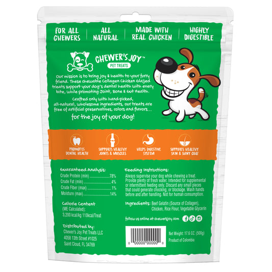 Chewer's Joy Chicken Glazed Collagen Tidbits 15pk 6-7" Dog Treats, High Protein, Support strong Joints, Boost Digestion, Promotes Shiny Coat & Dental hygiene.