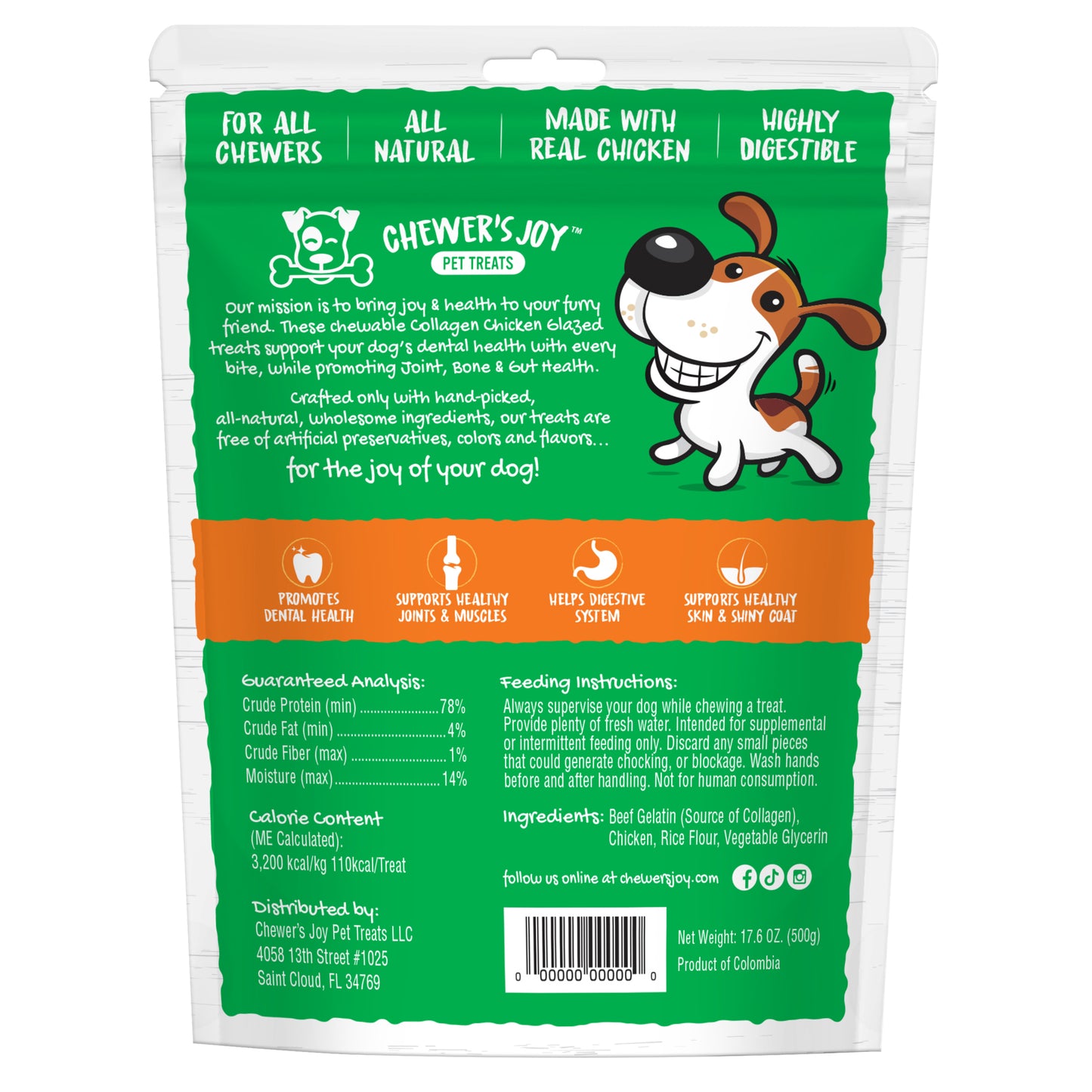Chewer's Joy Large Variety Bundle Dog Treats: One of each 15pk collagen spring sticks, 15pk chicken glazed collagen tidbits, and 15pk tripe twist