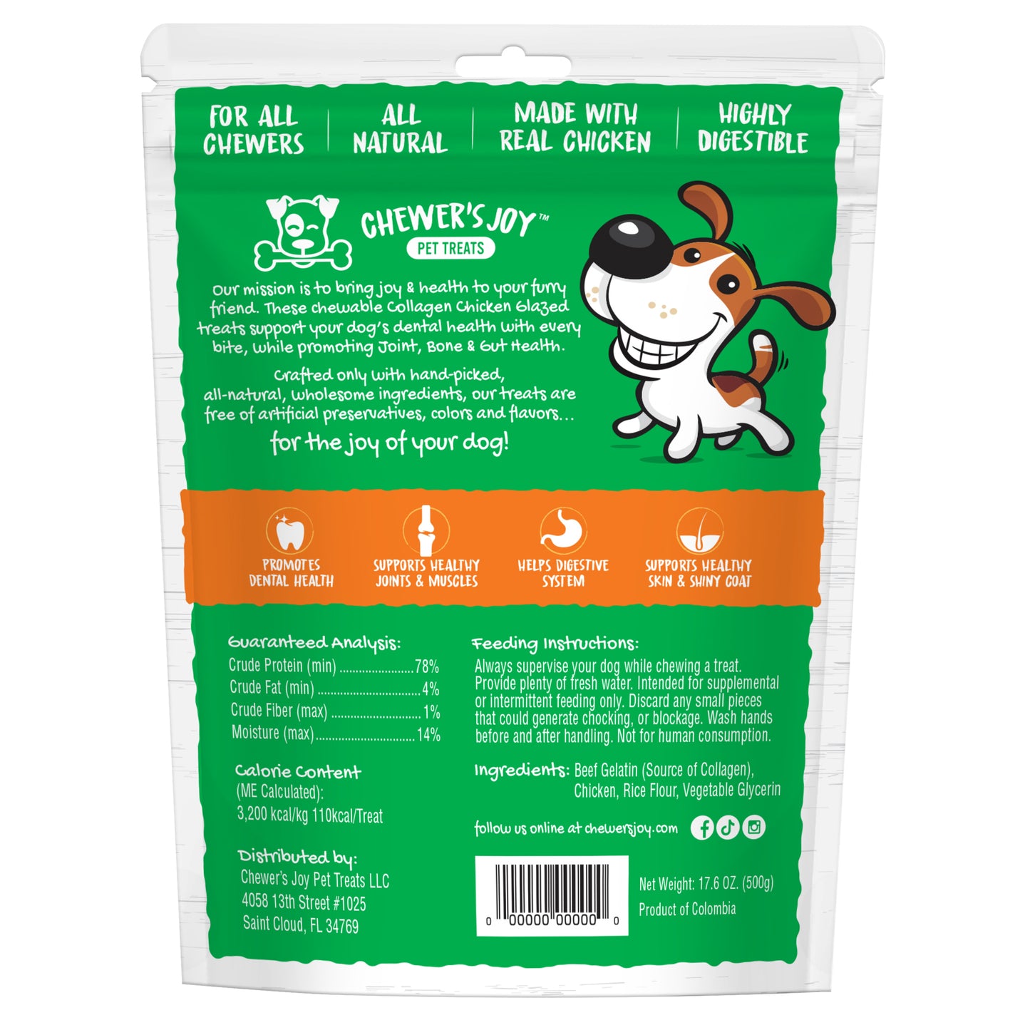 Chewer's Joy Variety Bundle: One of each 15pk collagen spring sticks, 15pk chicken glazed collagen tidbits, and 15pk tripe twist