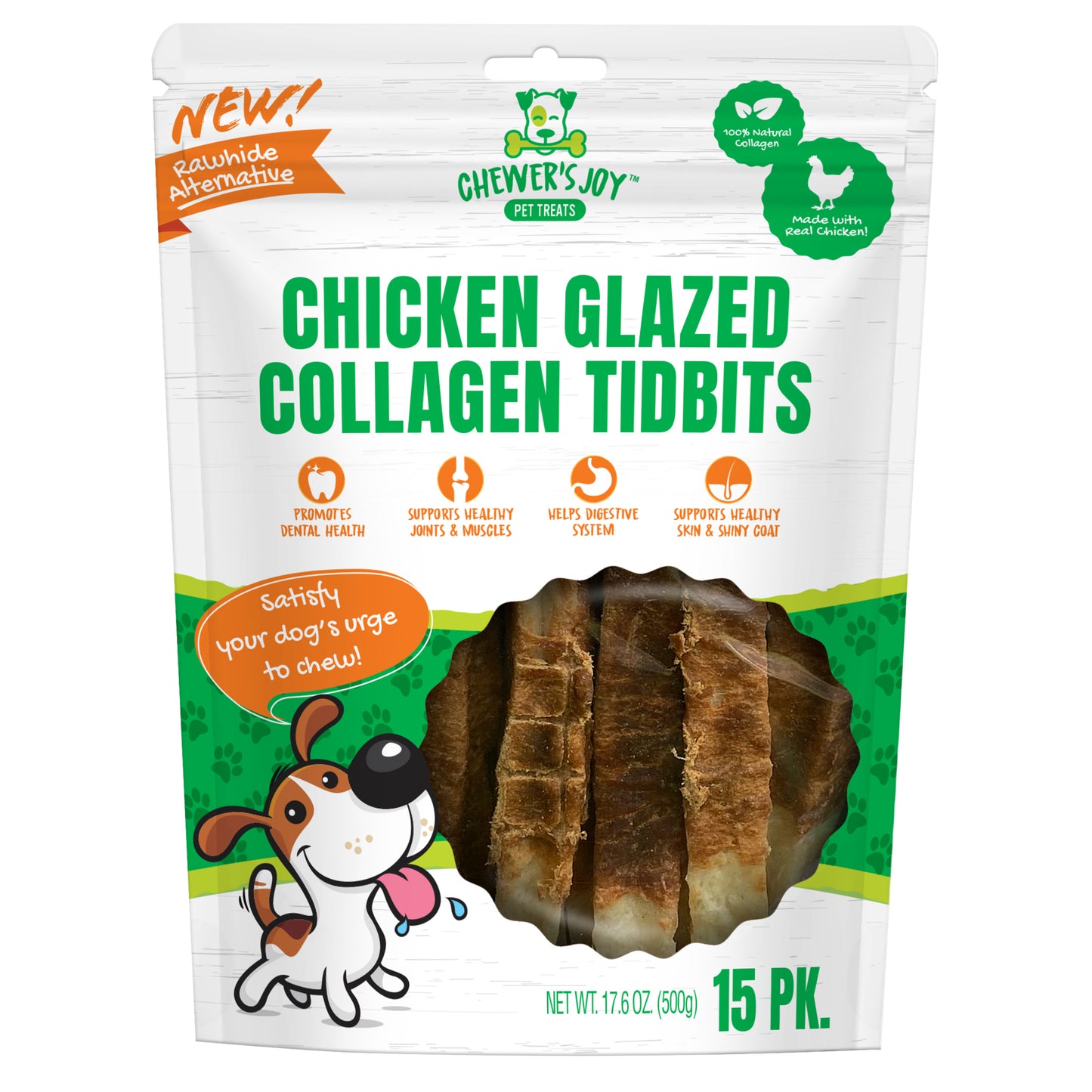 Chewer's Joy Variety Bundle: One of each 15pk collagen spring sticks, 15pk chicken glazed collagen tidbits, and 15pk tripe twist