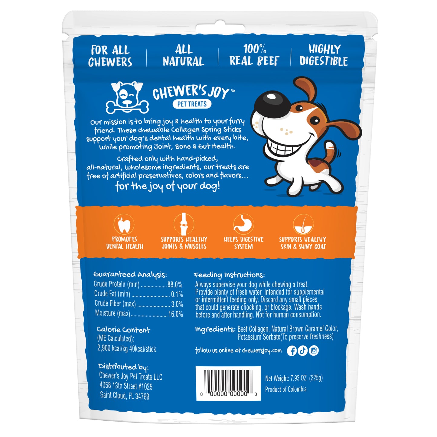 Chewer's Joy Collagen Spring Sticks 15pk 5-6" Dog Treats, High Protein, Supports Strong Joints, Boost Digestion, Promotes Shiny Coats & Dental Hygiene.