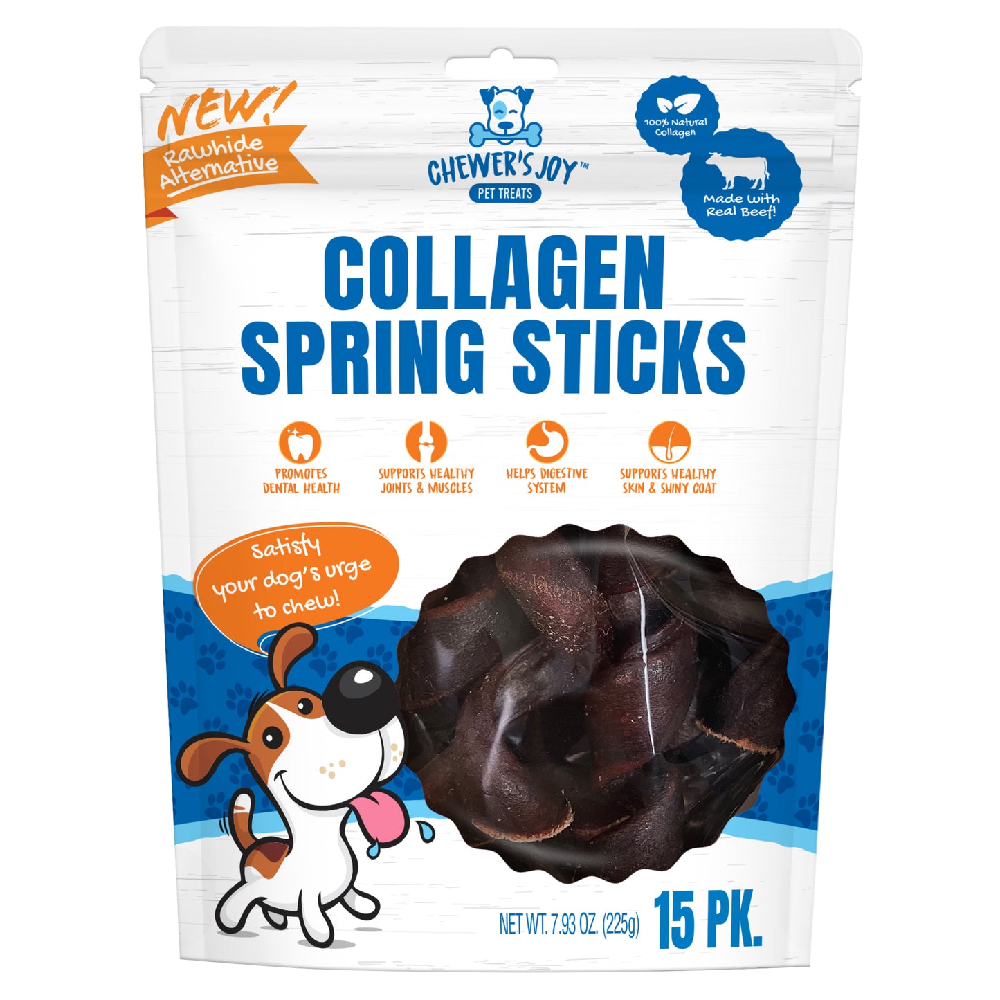 Chewer's Joy Variety Bundle: One of each 15pk collagen spring sticks, 15pk chicken glazed collagen tidbits, and 15pk tripe twist