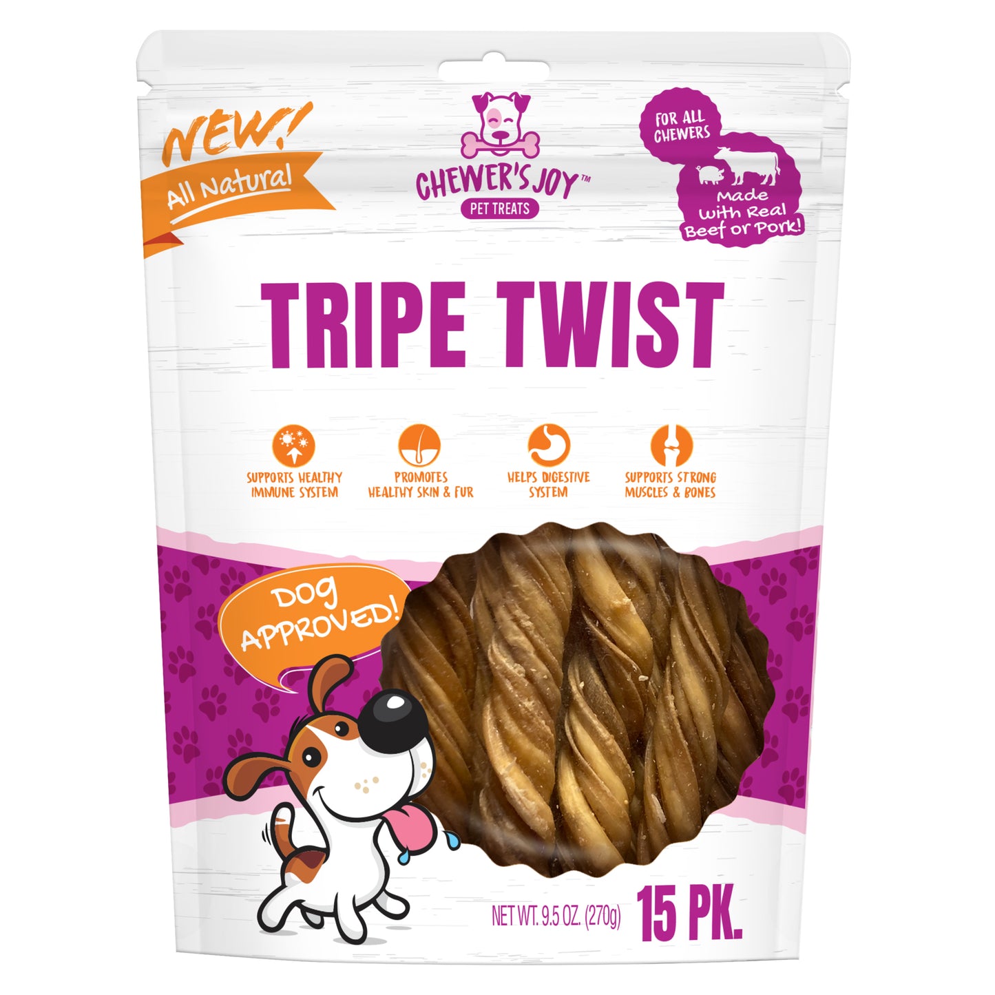 Chewer's Joy Tripe Twist 15pk 6-7", High in Protein for Strong Muscles and Bones, Minerals Like Iron and Zinc to Help Boost Immune System.…