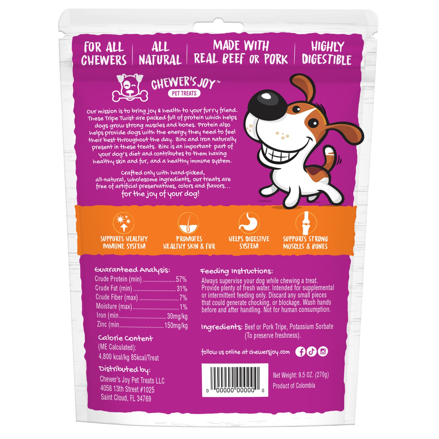 Chewer's Joy Large Variety Bundle Dog Treats: One of each 15pk collagen spring sticks, 15pk chicken glazed collagen tidbits, and 15pk tripe twist