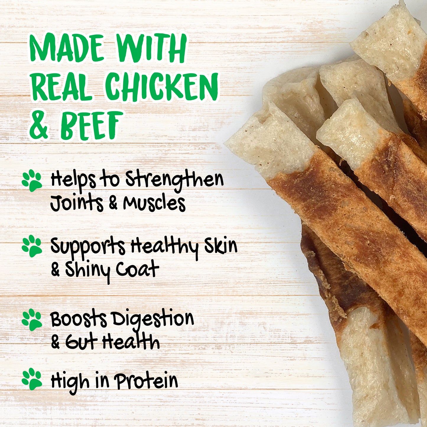 Chewer's Joy Variety Bundle: One of each 15pk collagen spring sticks, 15pk chicken glazed collagen tidbits, and 15pk tripe twist