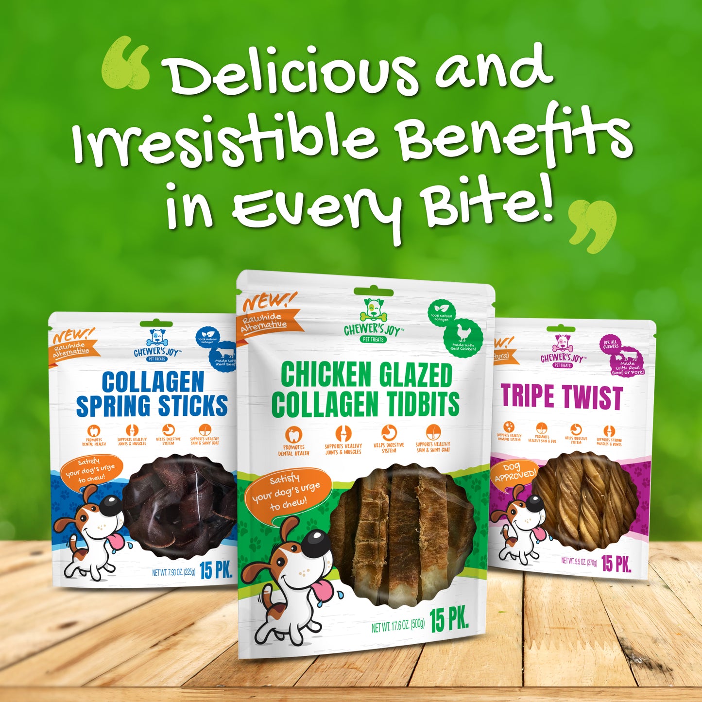 Chewer's Joy Variety Bundle: One of each 15pk collagen spring sticks, 15pk chicken glazed collagen tidbits, and 15pk tripe twist