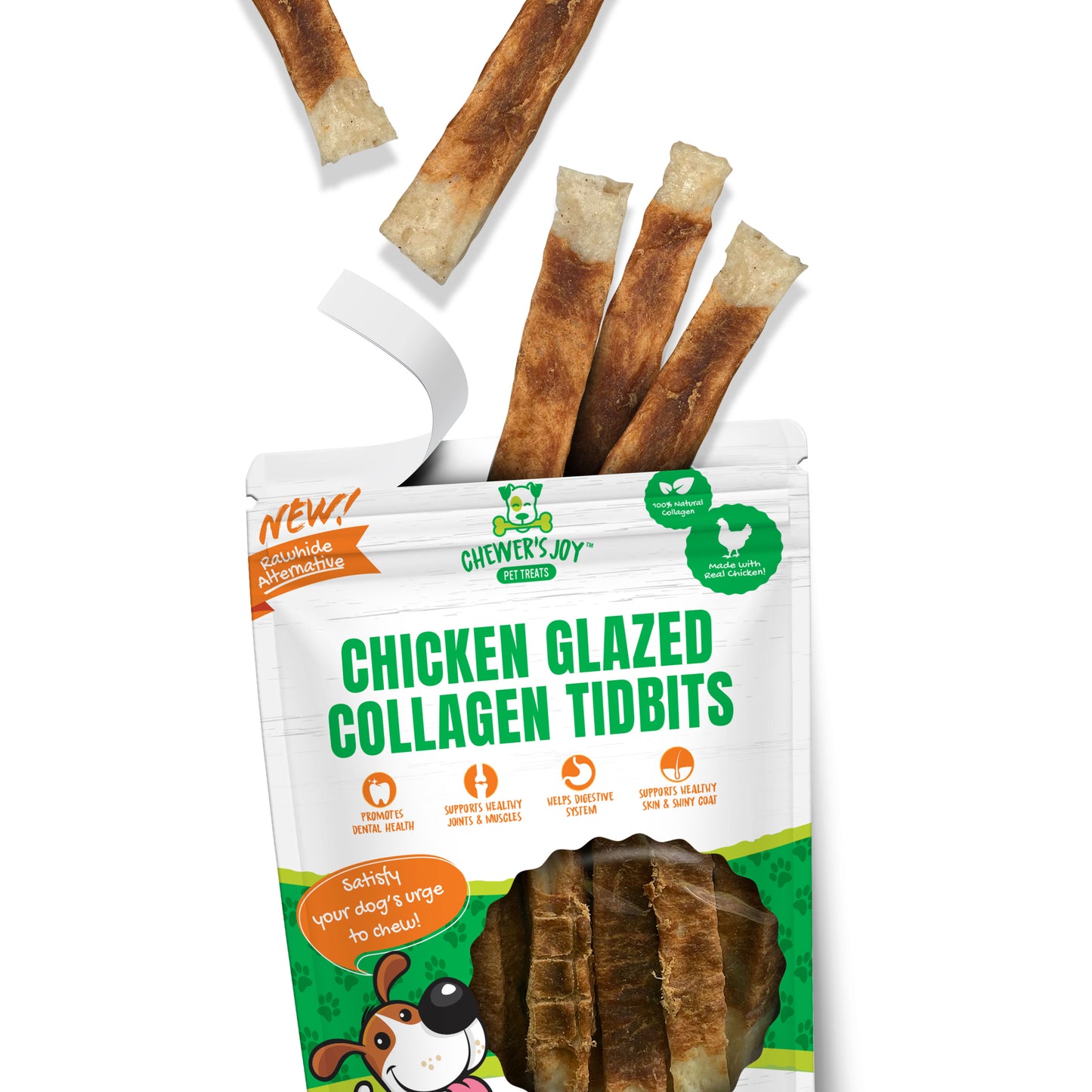Chewer's Joy Variety Bundle: One of each 15pk collagen spring sticks, 15pk chicken glazed collagen tidbits, and 15pk tripe twist