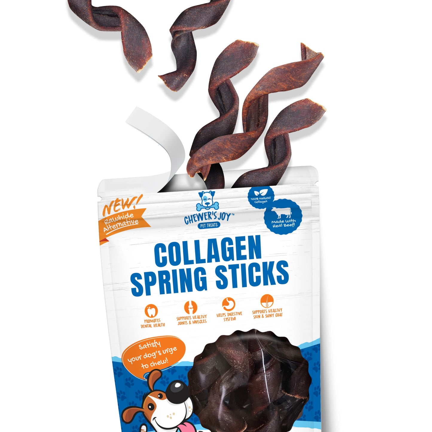 Chewer's Joy Collagen Spring Sticks 15pk 5-6" Dog Treats, High Protein, Supports Strong Joints, Boost Digestion, Promotes Shiny Coats & Dental Hygiene.