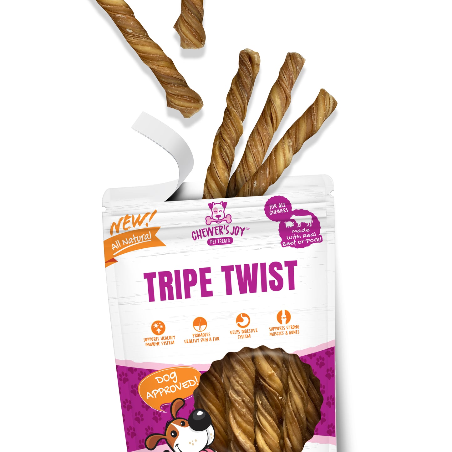 Chewer's Joy Tripe Twist 15pk 6-7", High in Protein for Strong Muscles and Bones, Minerals Like Iron and Zinc to Help Boost Immune System.…